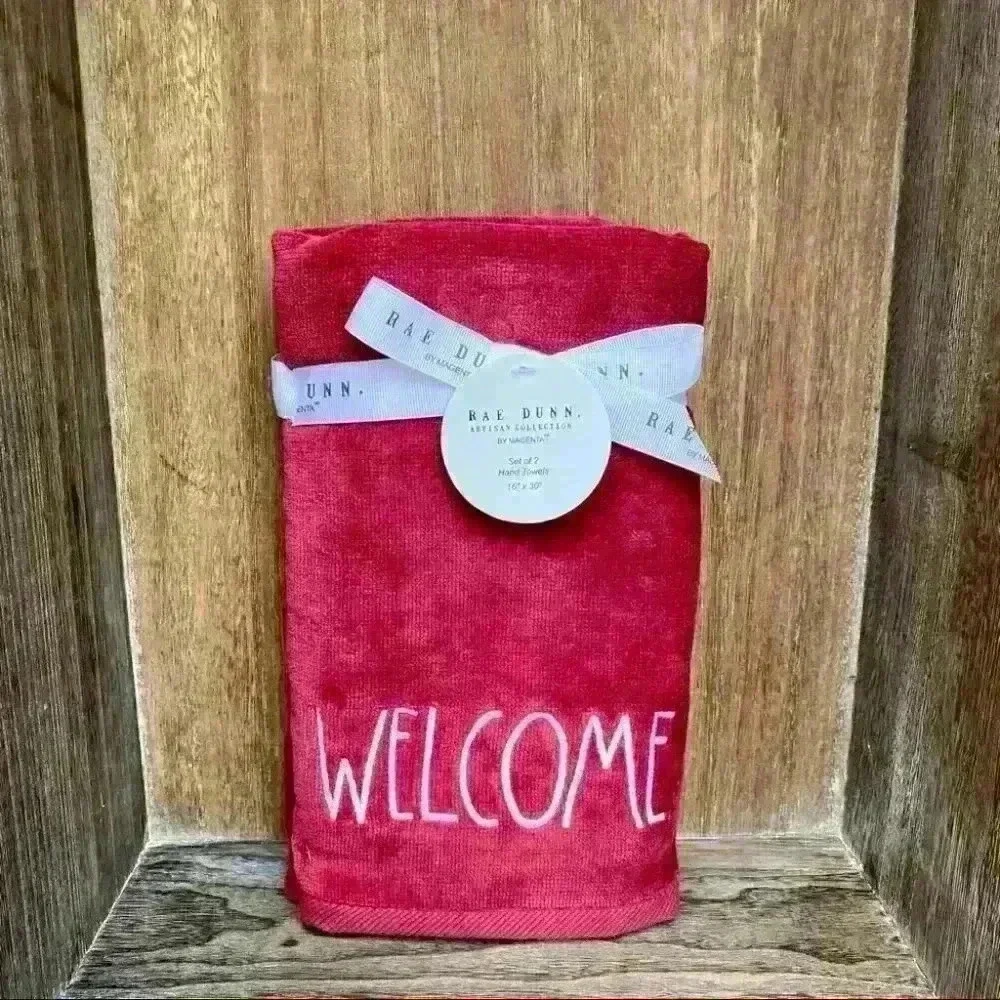 NEW SET of 2 - Rae Dunn - WELCOME - Beautiful Embroidered Burgundy Hand …